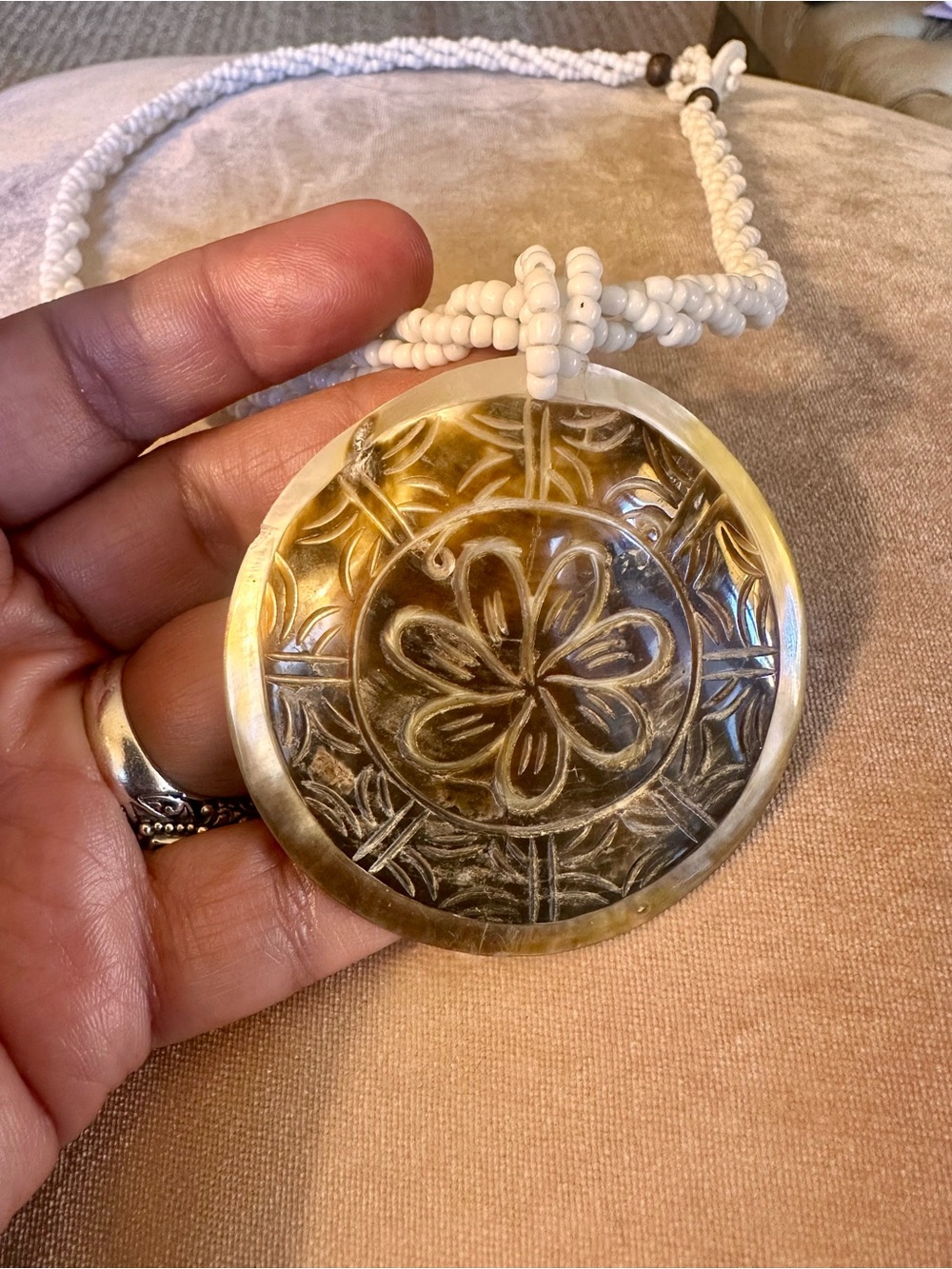 Statement bohemian vintage carved MOTHER OF PEARL necklace